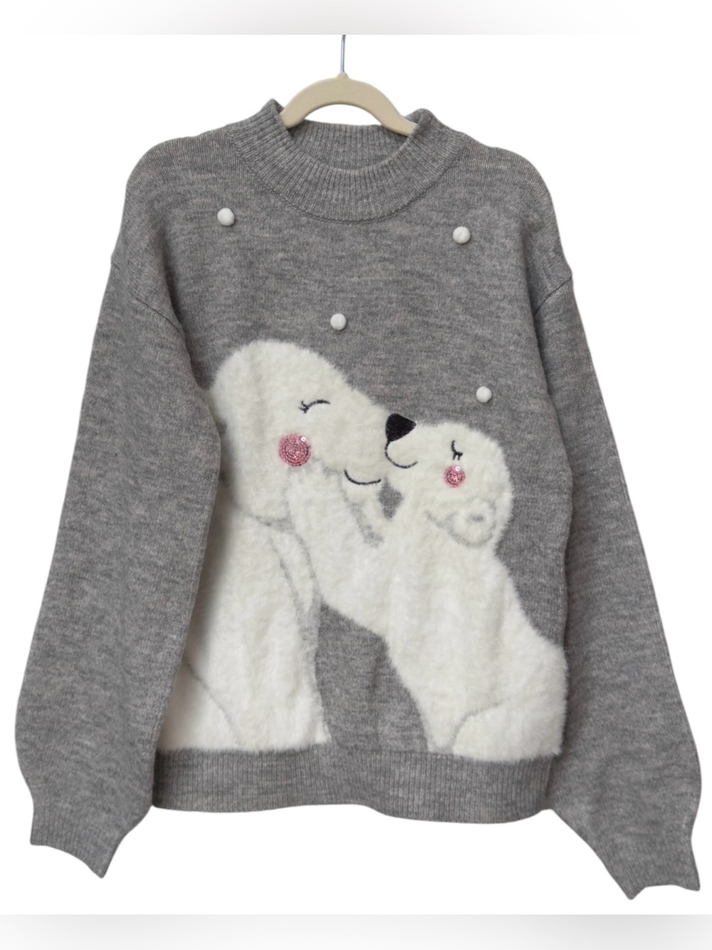 Primark Cares Girls Kids Gray Fuzzy Polar Bears Cute Sequin Sweater. 12-13. NEW.